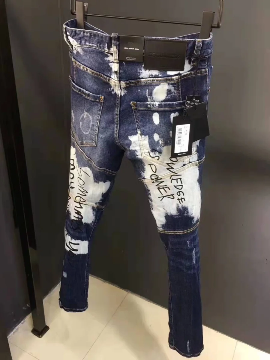 Spring Summer 2025 D2 Trendy Men's Distred Patch 3D Cutting fiti Print Slim Elastic Ankle Jeans Casual Busin Casual