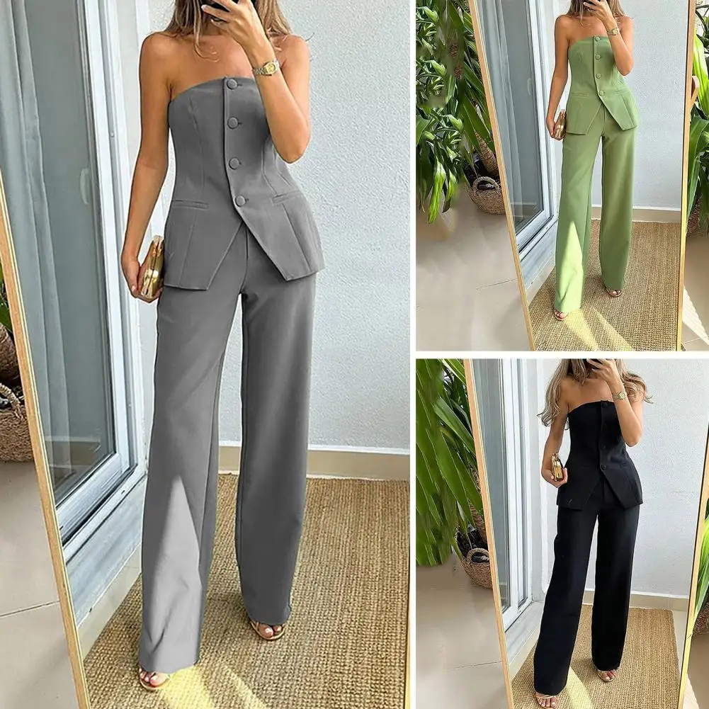 Solid Color Commuting Suit Elegant Bandeau Top High Waist Wide Leg Pants Set for Women Single Breasted Off Shoulder for Office zaful women s tie side textured o ring metal hardware high cut tanga bandeau bikini set swimwear m