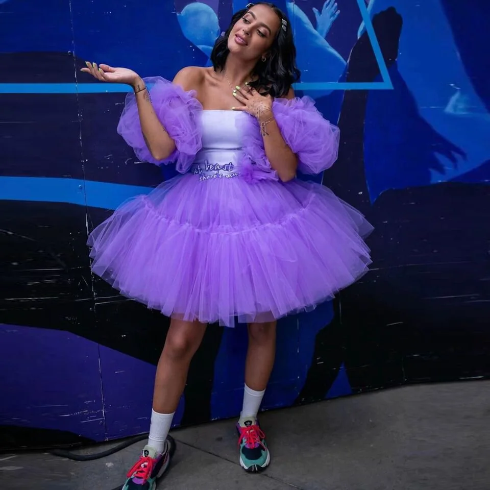 

Лавандовые вечерние платья без бретелек из тюля с оборками, пышные трапециевидные короткие платья для выпускного вечера, индивидуальный пошив, Пристегивающиеся рукава, Abendkleider