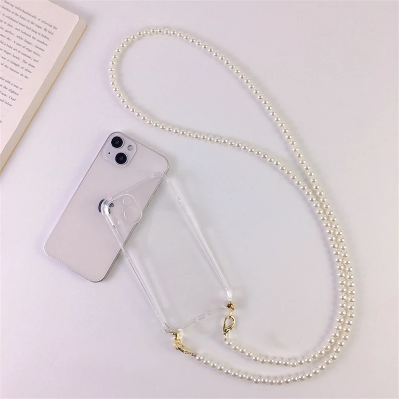 iphone 13 wallet case Luxury Korean Crossbody Lanyard Necklace Pearl Chain Phone case for iPhone 11 12 13 Pro Max Transparent Soft Cover with Strap iphone 13 cases