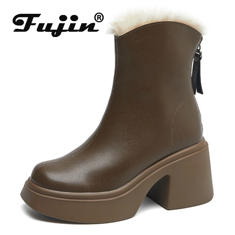 

Fujin 8cm Genuine Leather Platform Ankle Booties Female Sneakers Motorcycle Chunky Casual Shoes Platform Women Winter Plush Boot