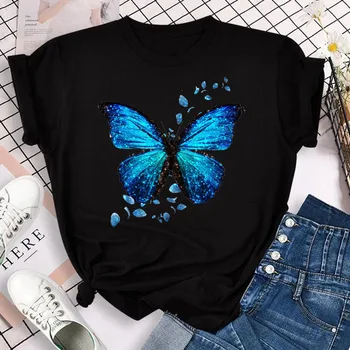 New Blue Butterfly Floral Printed T-Shirt Women's Summer Casual Short Sleeve O-neck Tops 90s Fashion Graphic Female Tops Tees 1