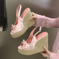 Aneikeh Summer Thick Soled Grass Woven High Heels Casual Retro Roman Sandals Polka Butterfly-kont Wedge Platform Woman Sandals - Image 2