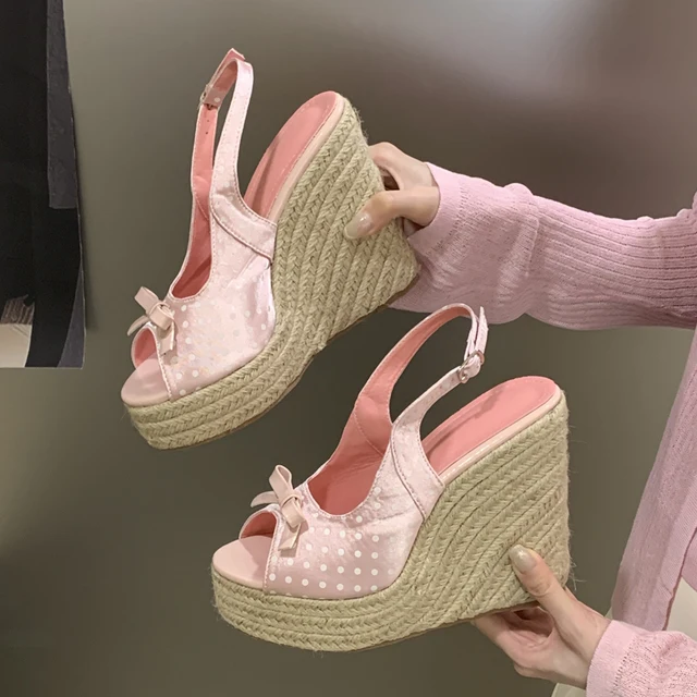 Aneikeh Summer Thick Soled Grass Woven High Heels Casual Retro Roman Sandals Polka Butterfly-kont Wedge Platform Woman Sandals 2