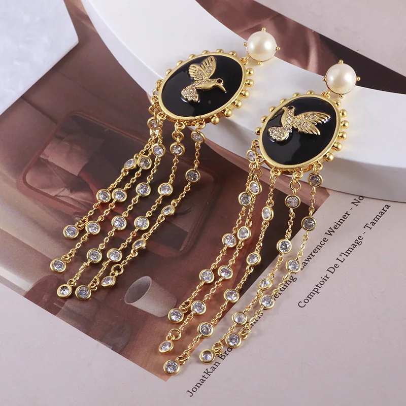 

Enamelled hummingbird pearl fringe drop earrings
