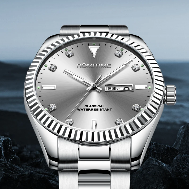 ROMITIME Original Brand Luxury Quartz Watches For Men Stainless Steel Calendar Diamond Dial Male Watch Luminous Waterproof