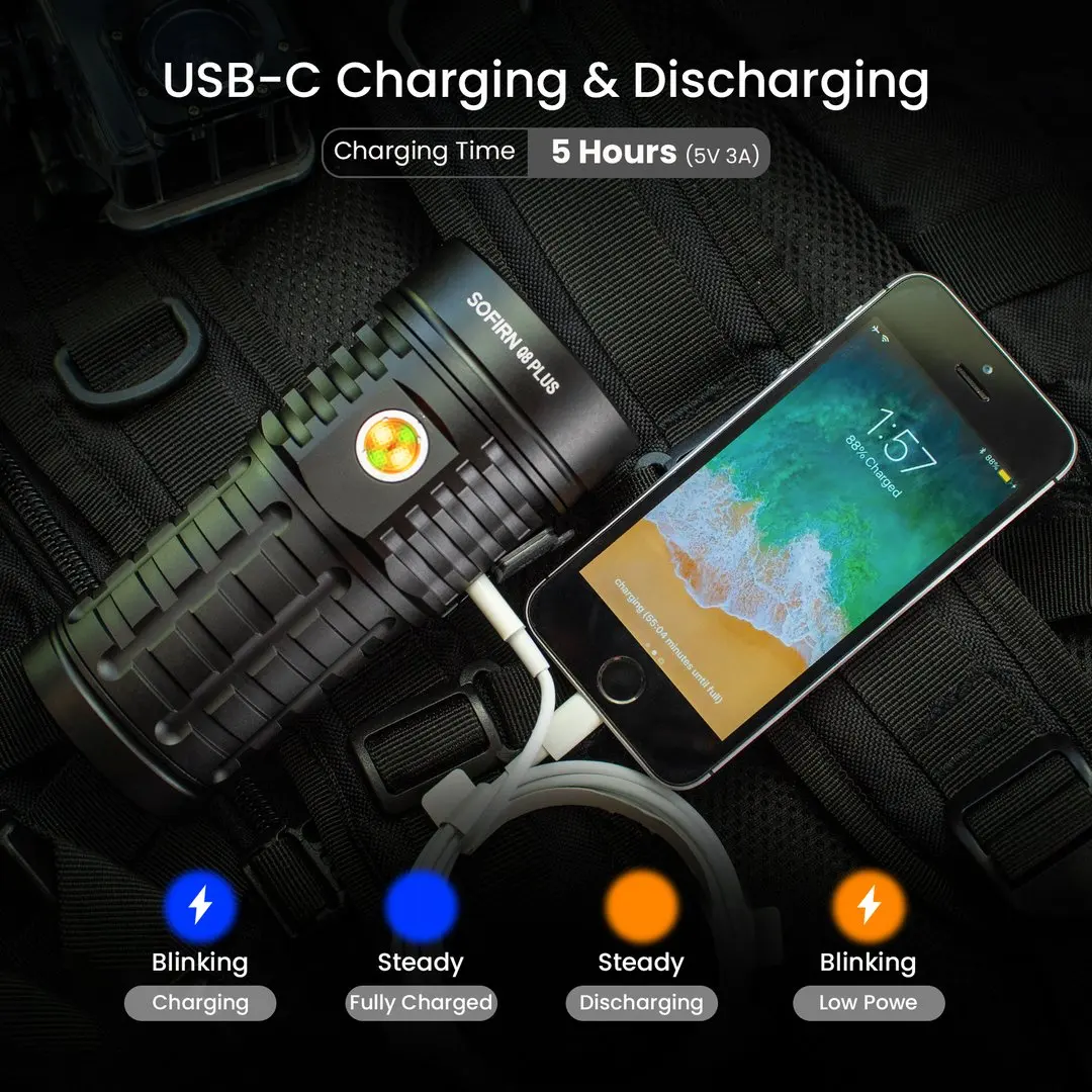 Sofirn Q8 Plus Super Powerful LED Flashlight 16000lm USB C Rechargeable 21700 Anduril 2.0 Torch XHP50B Reverse Charging — view 4