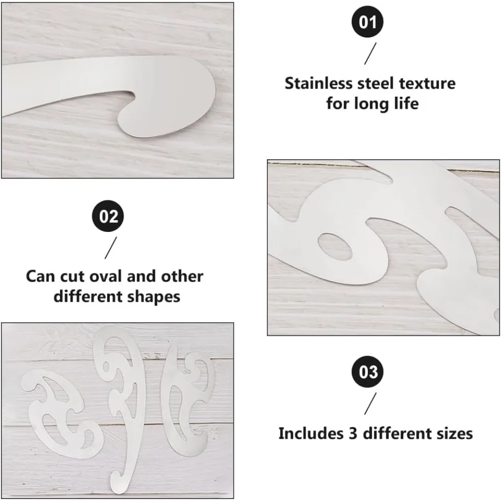 3 Pcs Stainless Steel French Curve Ruler Metal Pattern Ruler Drafting Stencils Drawing Templates Tool for Garment Leather