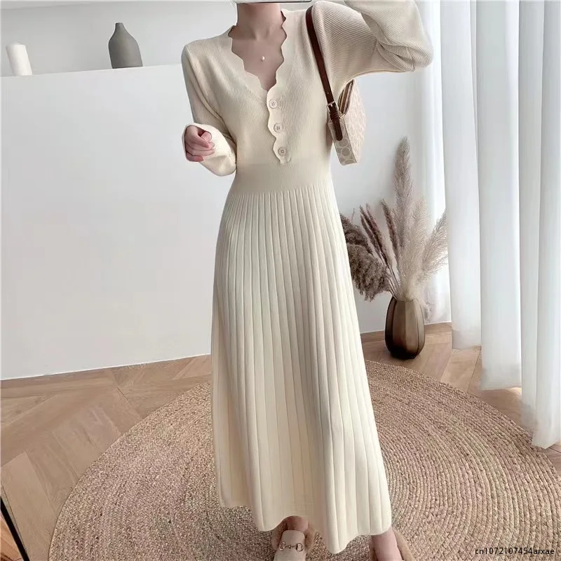 

Fashion Lace Hollow Backless Women Party Dress Retro Solid O-Neck Knitted Dress New Fall Long Sleeve Loose Sweater A-line Dress