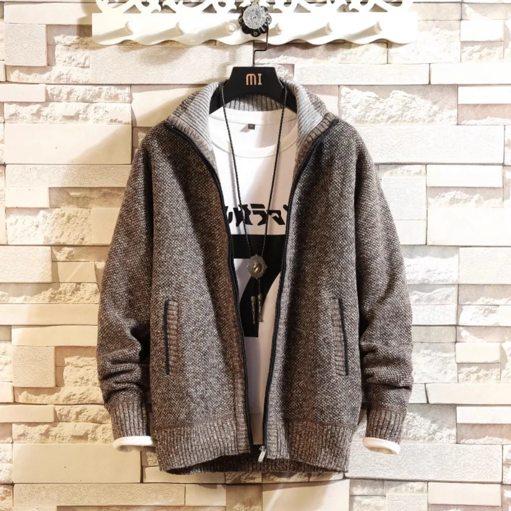 Autumn and Winter Fleece Thicken Large Size Casual Loose Sweater Men's Jacket Stand-up Collar Cardigans fleece cardigan