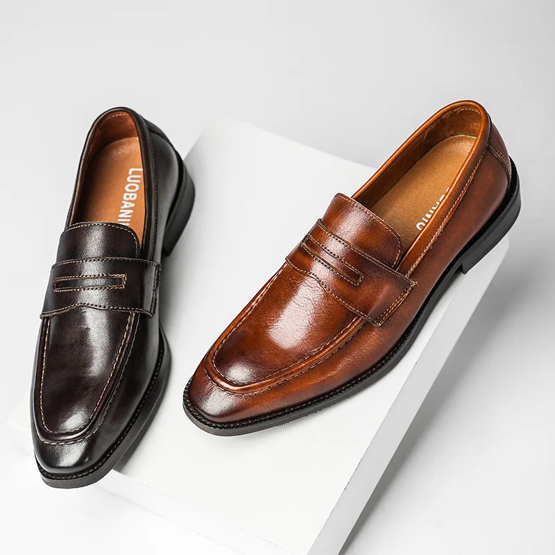 

A039 Large Size 38-45 New Square Toe Office Men's Dress Shoes Genuine Leather Male Loafers British Casual Footwear Fashion Man