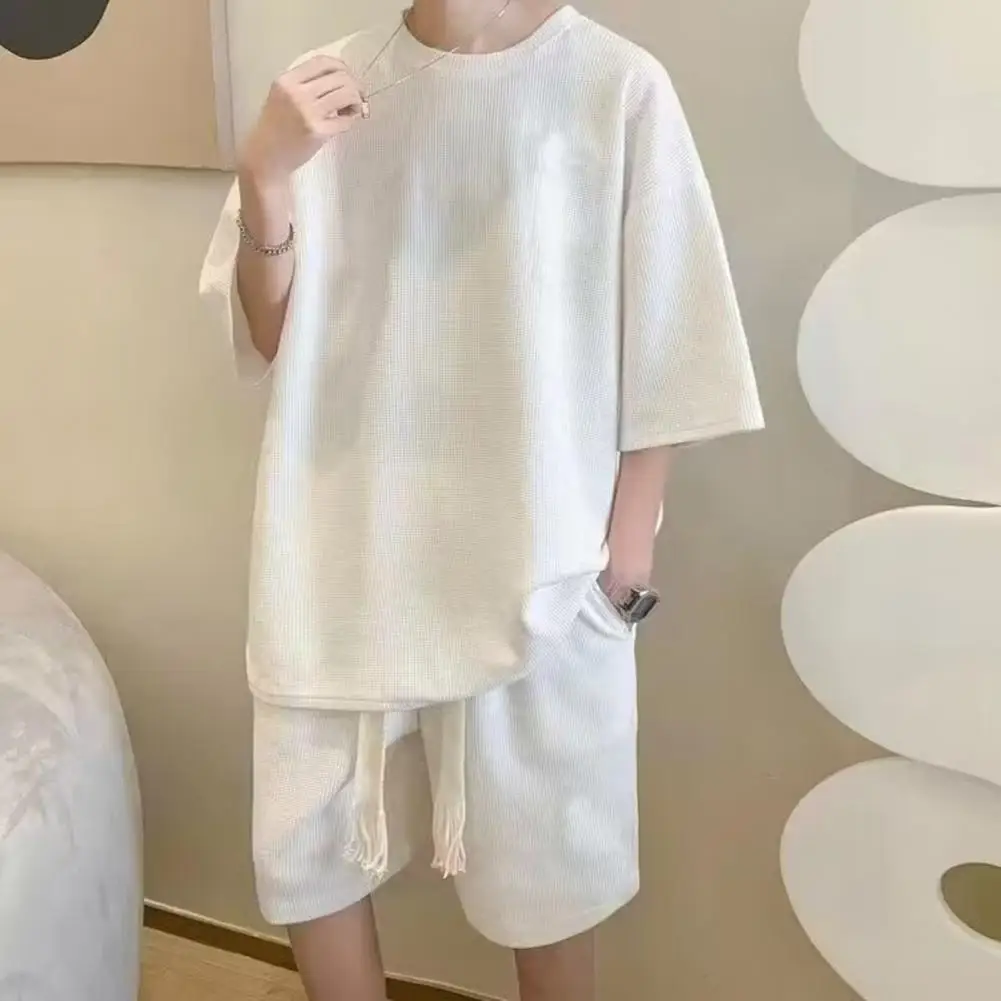 

Breathable Athletic Wear T-shirt Shorts Set Men's Casual Waffle Texture T-shirt Shorts Set with Elastic Waist for Sportswear