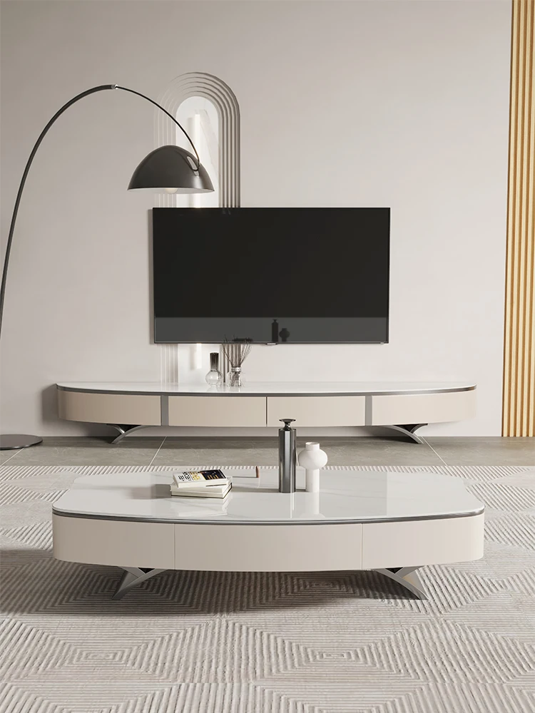 

Luxurious and simple living room rock slab Nordic small apartment cream wind oval coffee table TV cabinet combination