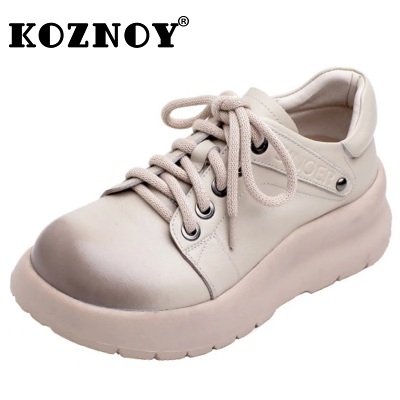 

Koznoy 4cm Retro Women Platform Comfy Spring Skate Boarding Chunky Sneakers Vulcanize Cow Genuine Leather Wedge Autumn Shoes