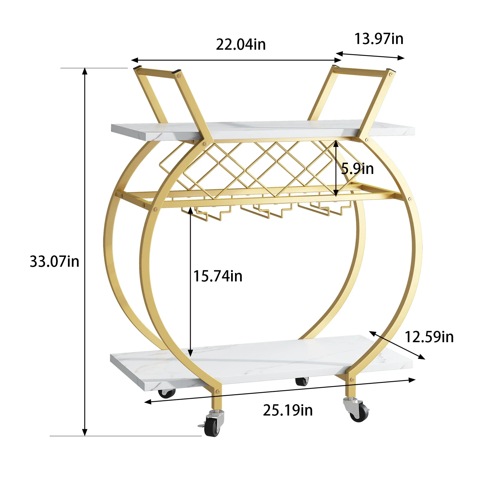 Gold and White Bar Cart Mini Rolling Kitchen Storage Cart with Wine Rack and Glass Holders Wine