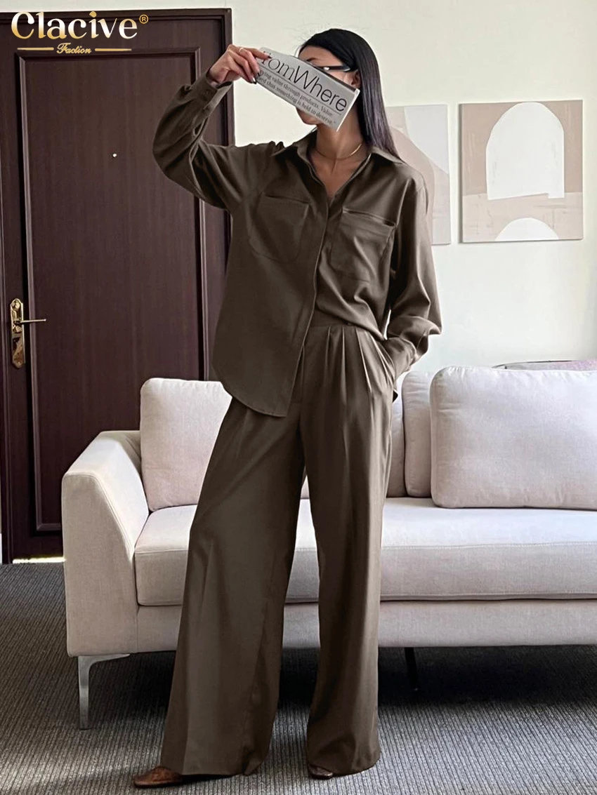 Clacive Fashion Loose Brown Office Pants Sets For Women 2 Pieces Elegant Long Sleeve Shirt With High Waist Wide Trousers Suits