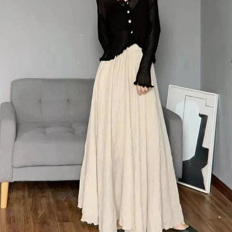 

Gentle Style Mid-Length High-Waisted Double-Layer Cotton And Linen Skirt For Women
