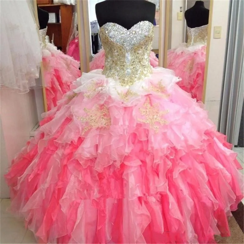 

Modern Ombre White To Pink Ruffled Quinceanera Dresses Gold Lace Sweetheart Puffy Cheap Floor Length Crystal Beaded Sweet 15
