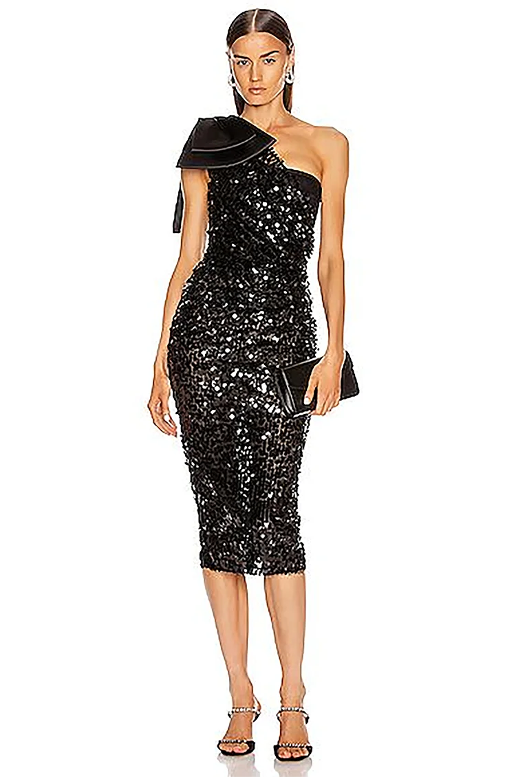 

2023 Summer Black Diagonal Shoulder Sequins Women's Evening Dress Sexy Open Back Butterfly Tight A-line Long Dress Formal Gown