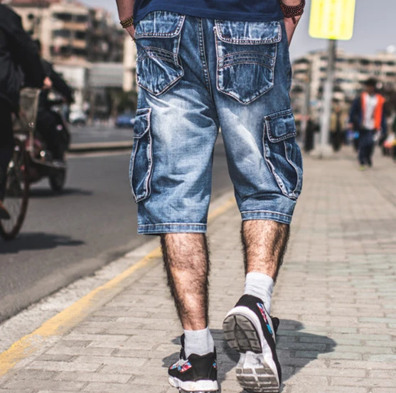 WoJogom Summer Men's Denim Jeans Shorts Straight Denim Shorts Male Casual  Fashion Loose Half Pants Long Oversize Clothing