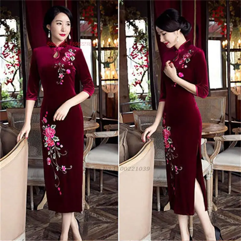 

2023 chinese improved cheongsam retro evening dress national flower embroidery velvet qipao vintage banquet party dress vestido
