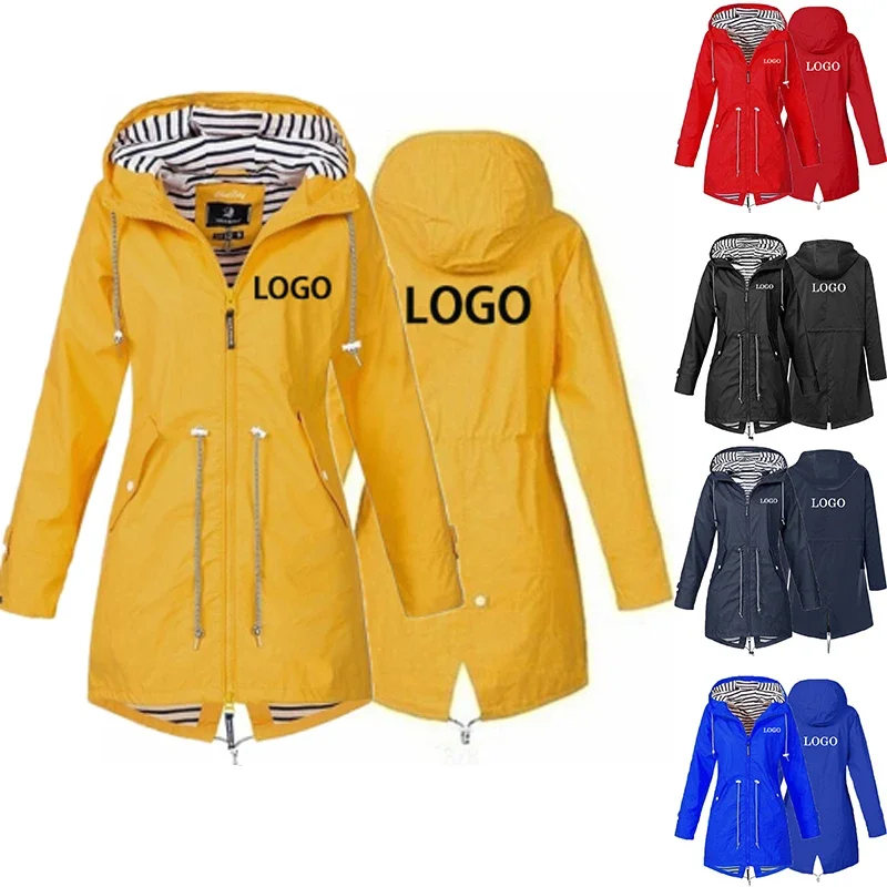

Customized LOGO Women's Outdoor Waterproof Rain Jacket Casual Loose Hooded Windproof Windbreaker Climbing Coat Female Outerwear