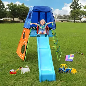 Adventure Climbing Fort with Platform, Playground Slide and Play Tent, Outdoor Jungle Gym for Backyard, Kids Ages 3-10 2