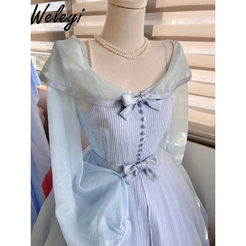 

Kawaii Rojita Large Dress Women's 2024 Summer Cute French Small Fragrance Blue Stripe Fashionable Sweet First Love Long Dresses