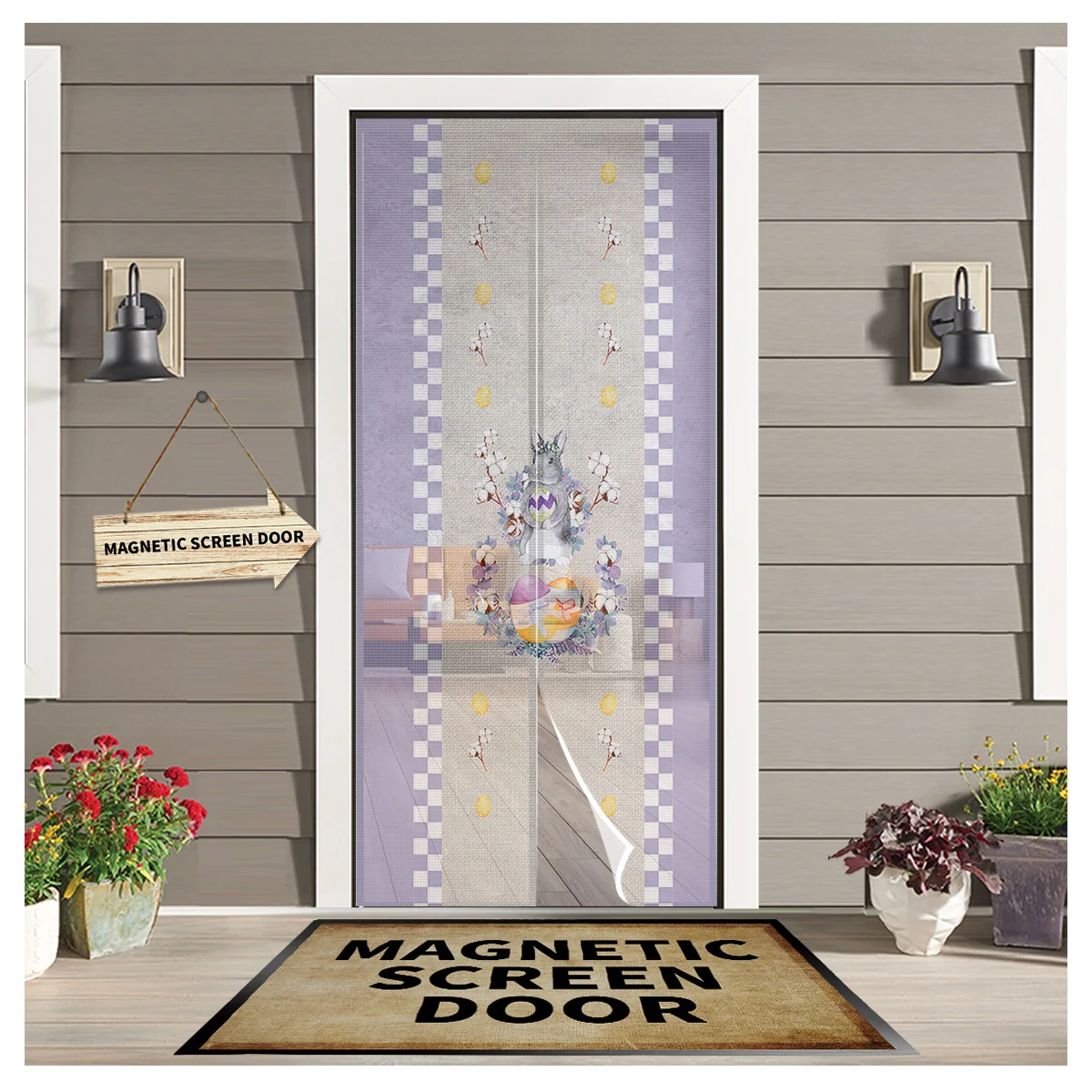 

Easter Plaid Bunny Egg Watercolor Kitchen Curtain Magnetic Mosquito Net Curtains Summer Bedroom Anti Insect Door Curtain