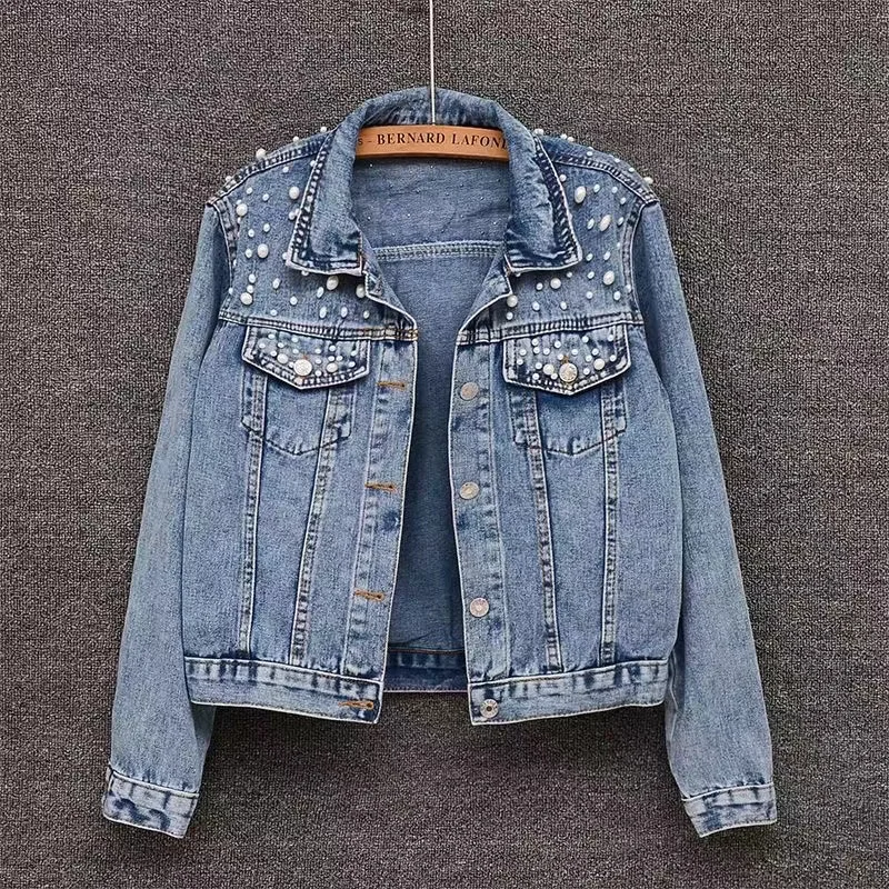 

Ladies Pearl Embellished Bride Denim Jacket Wedding Jacket with Date Hen Party Outcoat Fashion Lapel Cotton Women Clothes