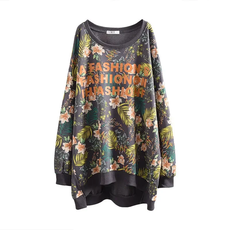 Fall 2023 New Women's Retro Floral Loose Mid-length Long-sleeved Fashion T-shirt Casual Plus Size All-match Top