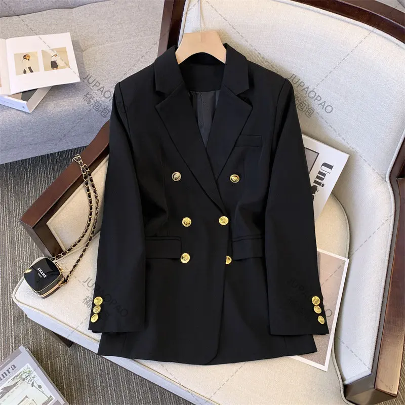 Black KhakiFashion Blazers for Women Jackets 2023 New Spring Summer Office Ladies Long Coats Notched Double Breasted Outerwear