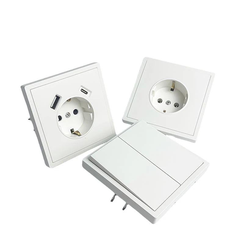 EU Power Socket with Built-in USB-C Fast Charging and Light Switch - Flush Mount Black Plate