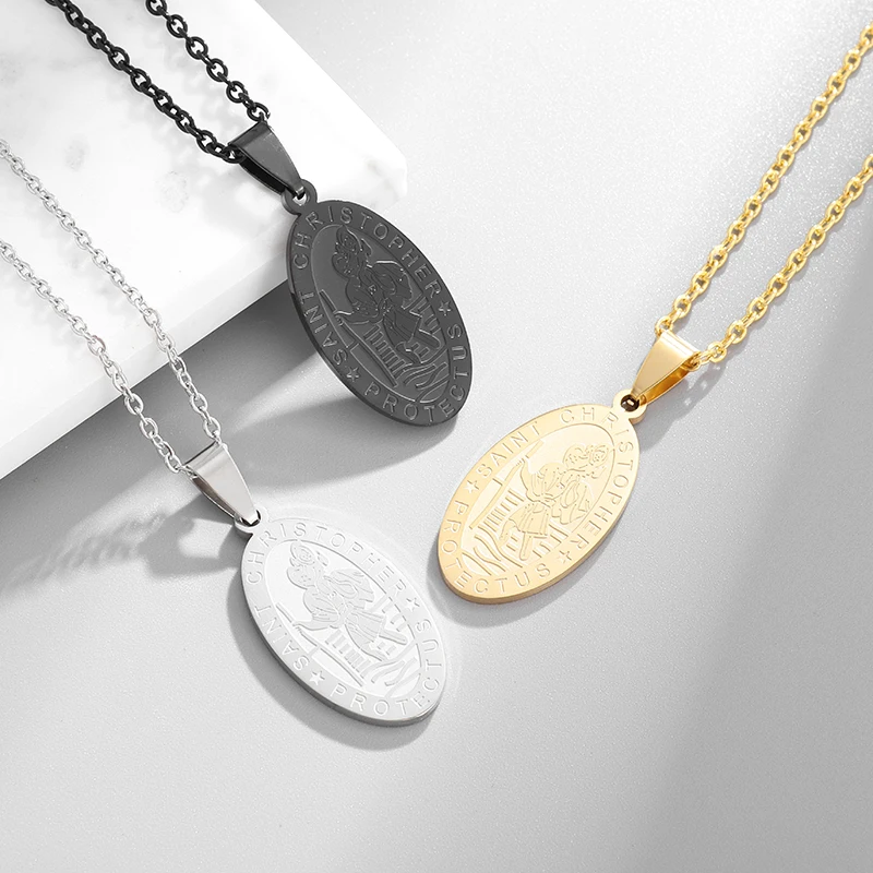 

Fashionable Stainless Steel Round St. Christopher Badge Pendant Necklace for Men and Women Casual Jewelry