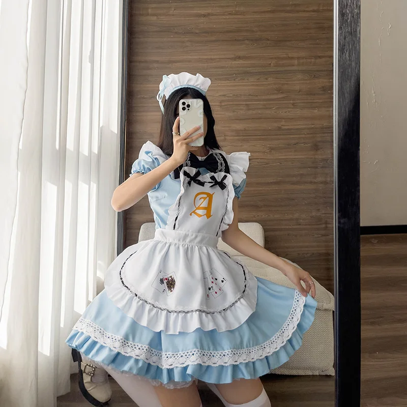 blue and white maid dress Japanese Anime Sissy Maid Dress Cosplay Sweet Classic Lolita Fancy Apron Maid Dress with Socks Gloves Set, Type1 / (Asia 4XL) Fit Weight 160-185Lbs main image 1
