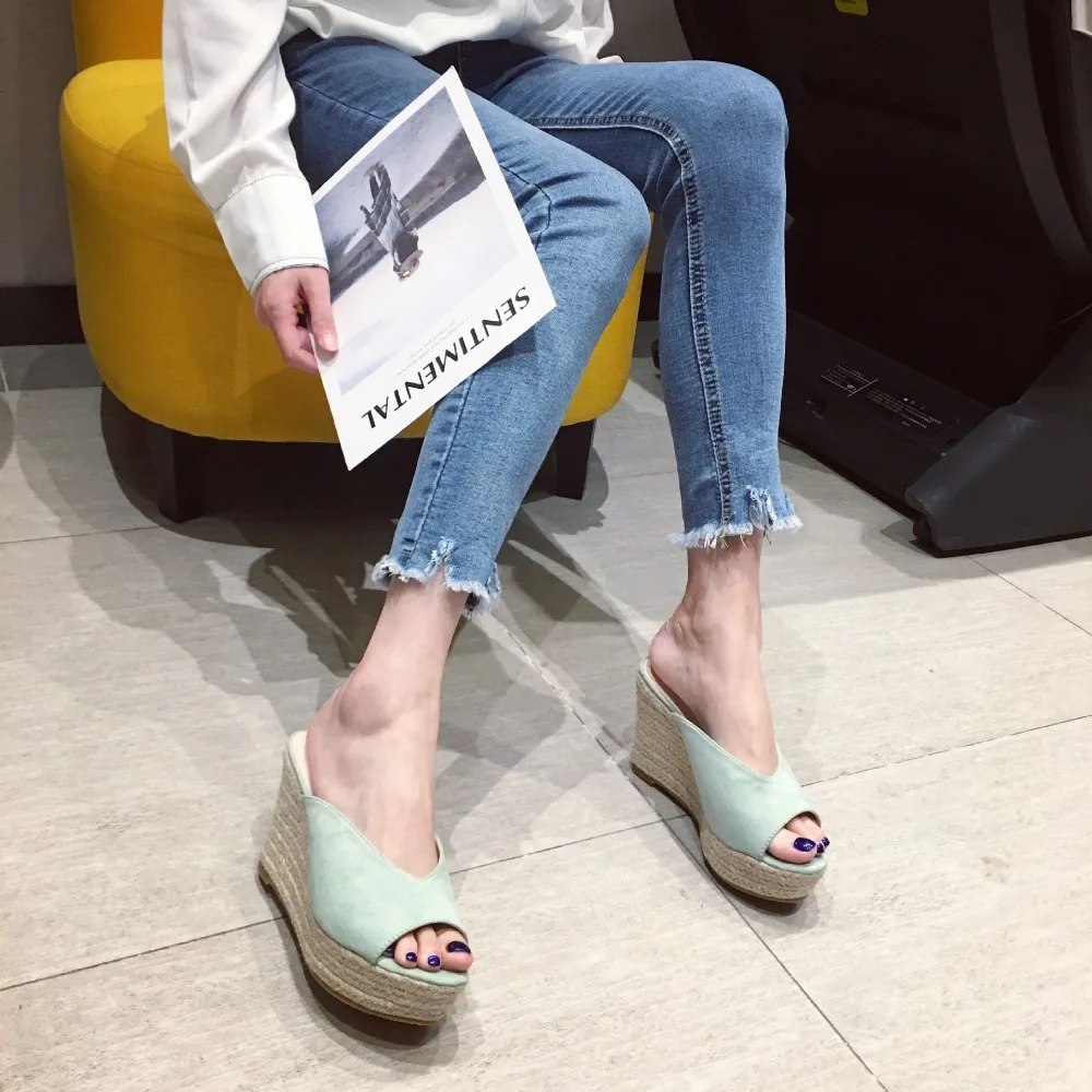 Suede Women Wedge Slipper Rope Outsole Espadrilles Sandals Peep Toe Ankle Strap Platform Casual Slip on Mule Shoes