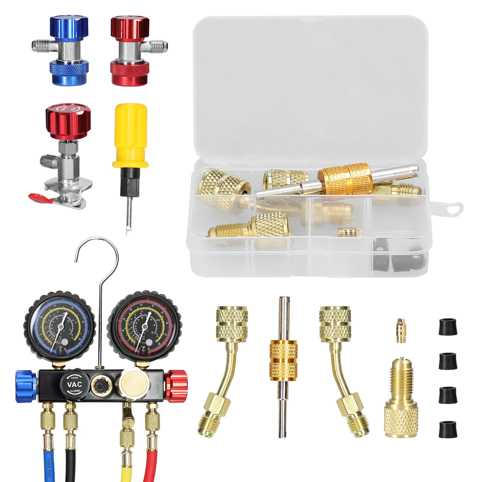 Manifold Gauge Set Air Conditioning Refrigerant Charging Tool 4-Way Dual-Value Pressure Gauge for R22/R134a/R410a Refrigerant