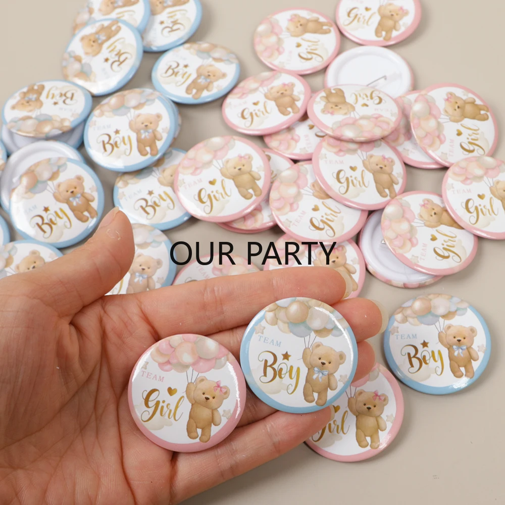 20 Stück Cartoon-Bären-Team Jungen Mädchen Blechabzeichen Anstecknadeln für Gender-Reveal-Partys, Babypartys, Geburtstagsfeiern und Dekoration