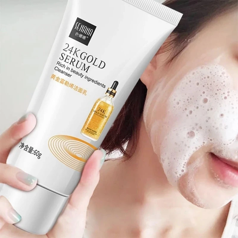 Gold Fullerene Facial Cleanser Foam Face Wash Collagen Shrink Pores Cleansing Oil Control Whitening Acne Treatment Skin Care 60g 50pcs collagen firming mask face care moisturizing repair anti aging fullerene face masks whitening wash free sleeping mask