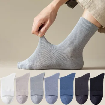 1 Pairs Men Summer Socks High Quality 96% Pure Cotton Business Deodorant Long Thin Sock Mesh Breathable Male Solid Color Casual 1