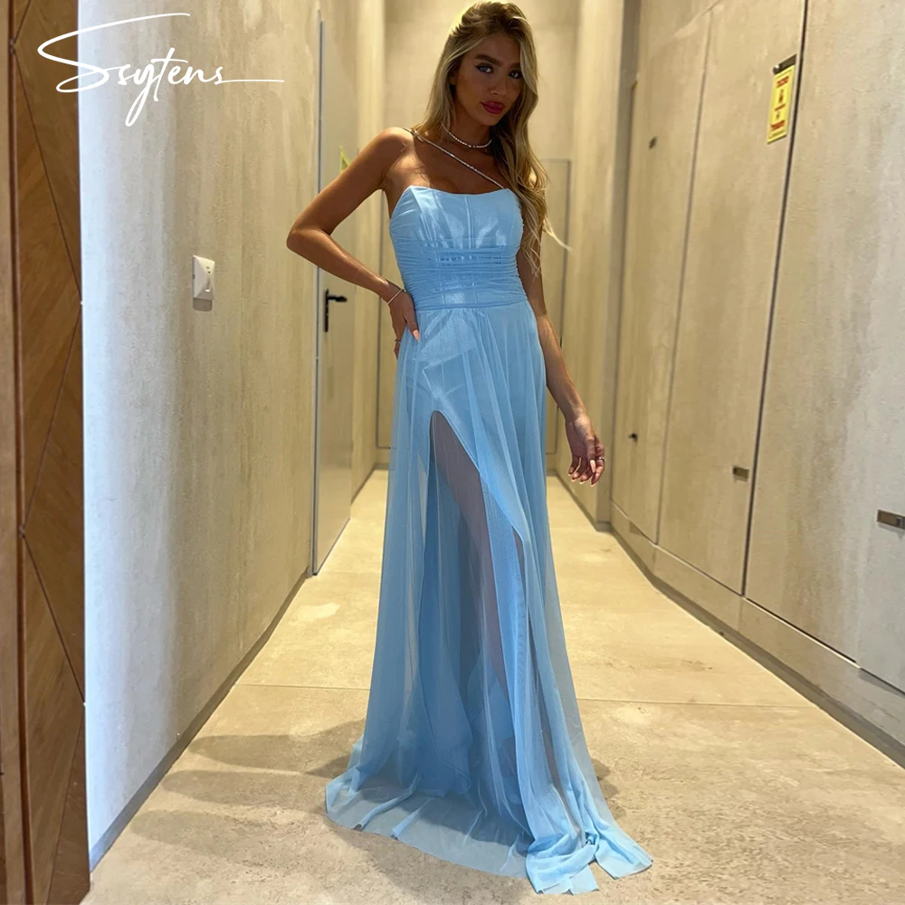 

Sexy Blue Side Slit Prom Dresses Evening Dress Strapless Long Formal Occasion Night Party Gowns Beach Chiffon Vestidos De Festa