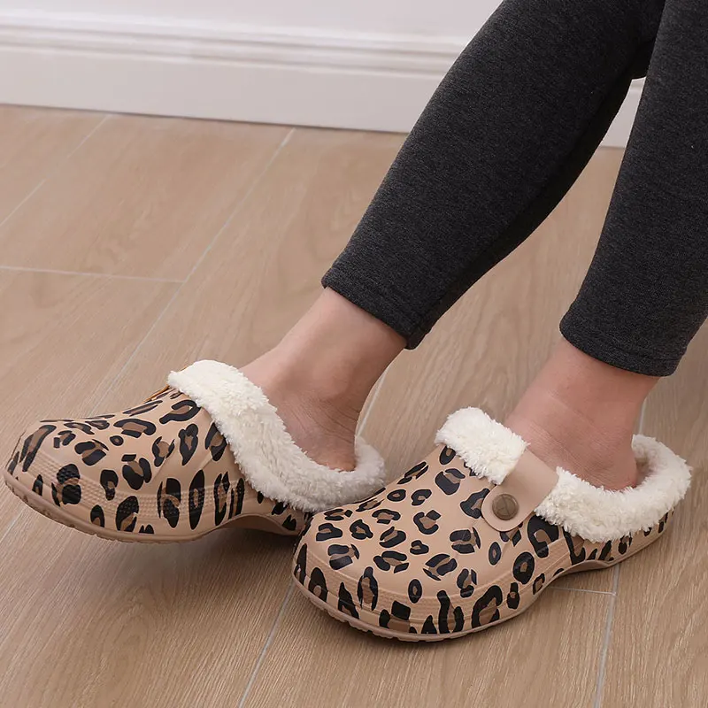 Bebealy Leopard Print Women Slippers Casual Clogs Garden Slippers Indoor Fur Waterproof Men Shoes Unisex Plus Size Women Shoes