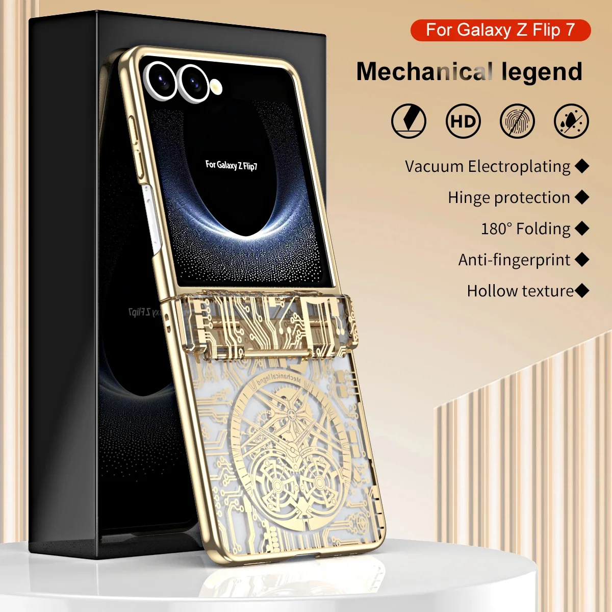 Luxury Electroplate Mechanical Style Phone Case with Hinge Protection and Anti-Drop Clear Cover