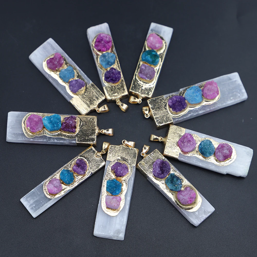 Natural Selenite Plaster Pendants Agate Tourmaline Rock Mineral Reiki Healing Energy Stone Amethyst Charms DIY Necklace Making