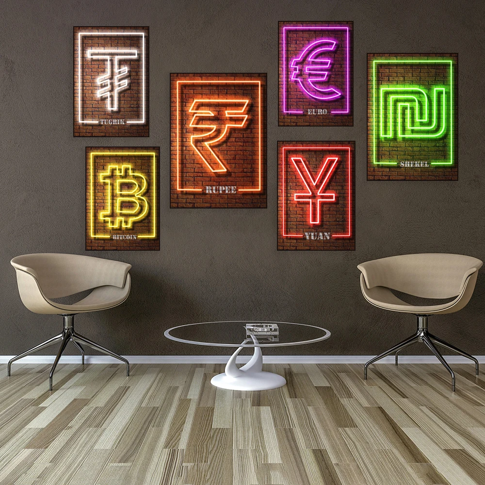 네온 효과 그래픽 인쇄 유로, 달러, 파운드, 엔, 비트코인, 루피, 이더리움, 태국 바트 표지판 인쇄 벽 장식 포스터 -  AliExpress