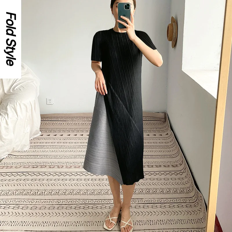 

Miyake Pleated Midi Dress Women's Mid Length Sleeveless 2024 Summer Irregular Splice A-line Elegant Mid Length Women's Dress
