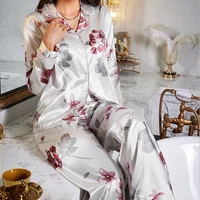 Women's Color-Blocked Floral Print Pajama Set Satin Long Sleeve And Pant For Comfortable Sleep Soft Loungewear And Sleepwear Pjs - Image 4
