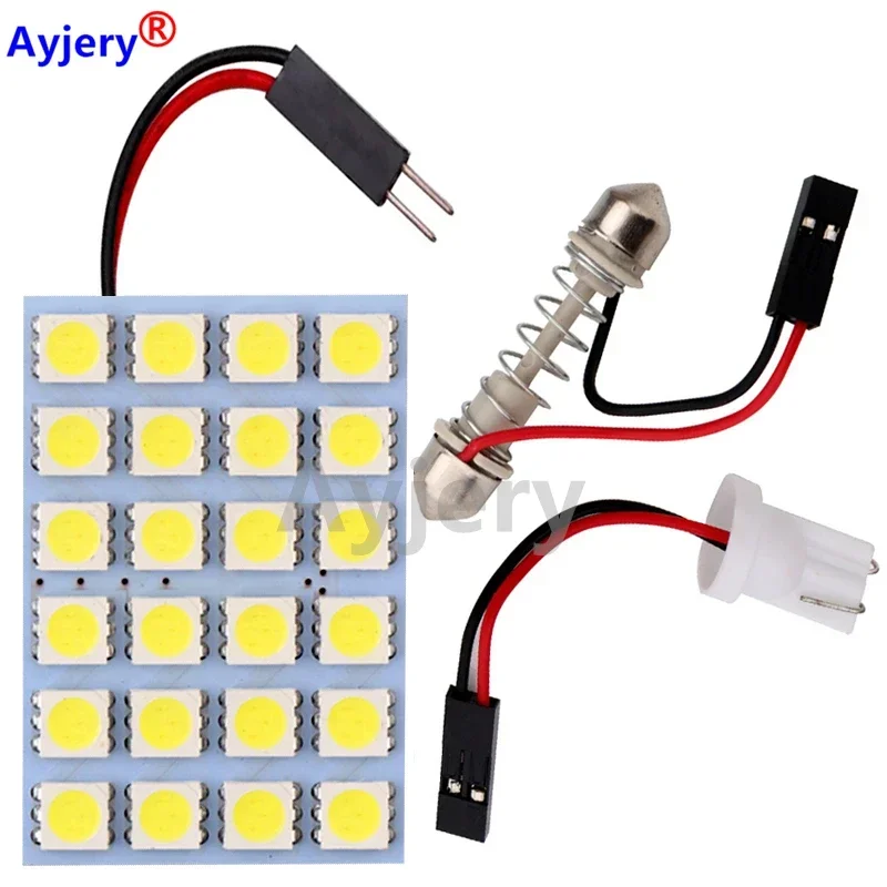 

AYJERY, 100 шт., панель светильник 5050, 24 SMD, фотолампа, купол, лампа, белый купол, фотолампа, адаптеры, фестон + T10 Адаптеры, 12 В