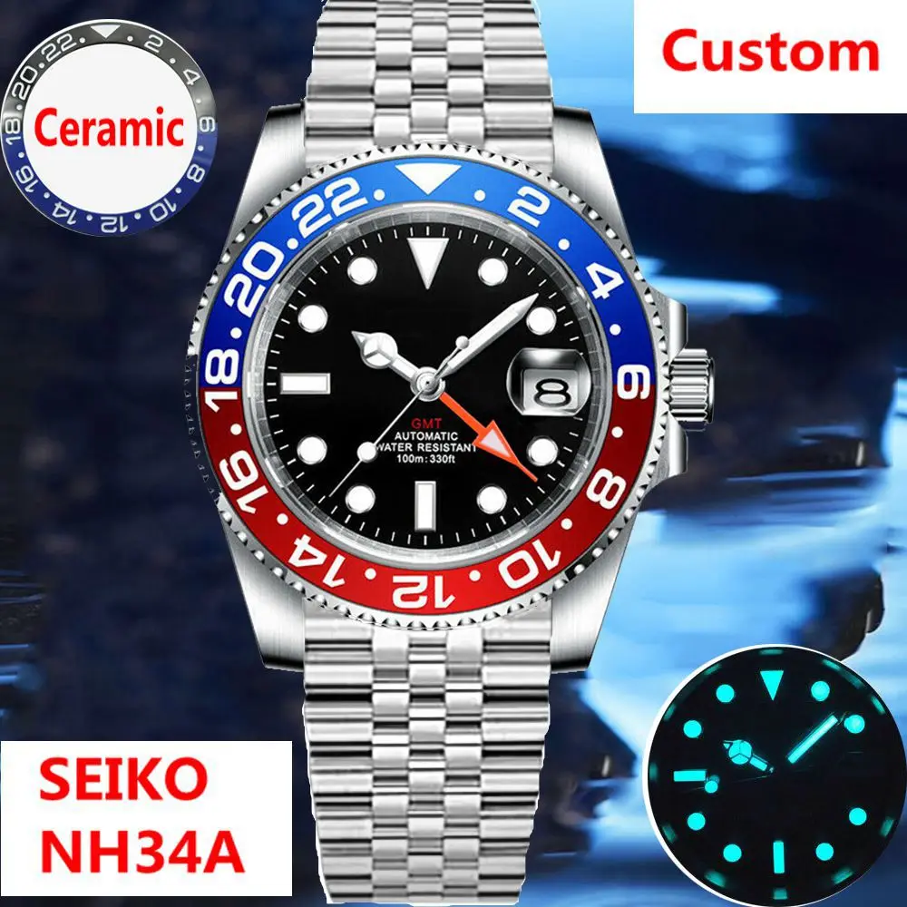 Custom Nh34 Gmt Watch For Men 10Bar Quadrante Nero Sapphire Crystal Jubilee Band Meccanico Da Polso Automatico Luminoso Relogio