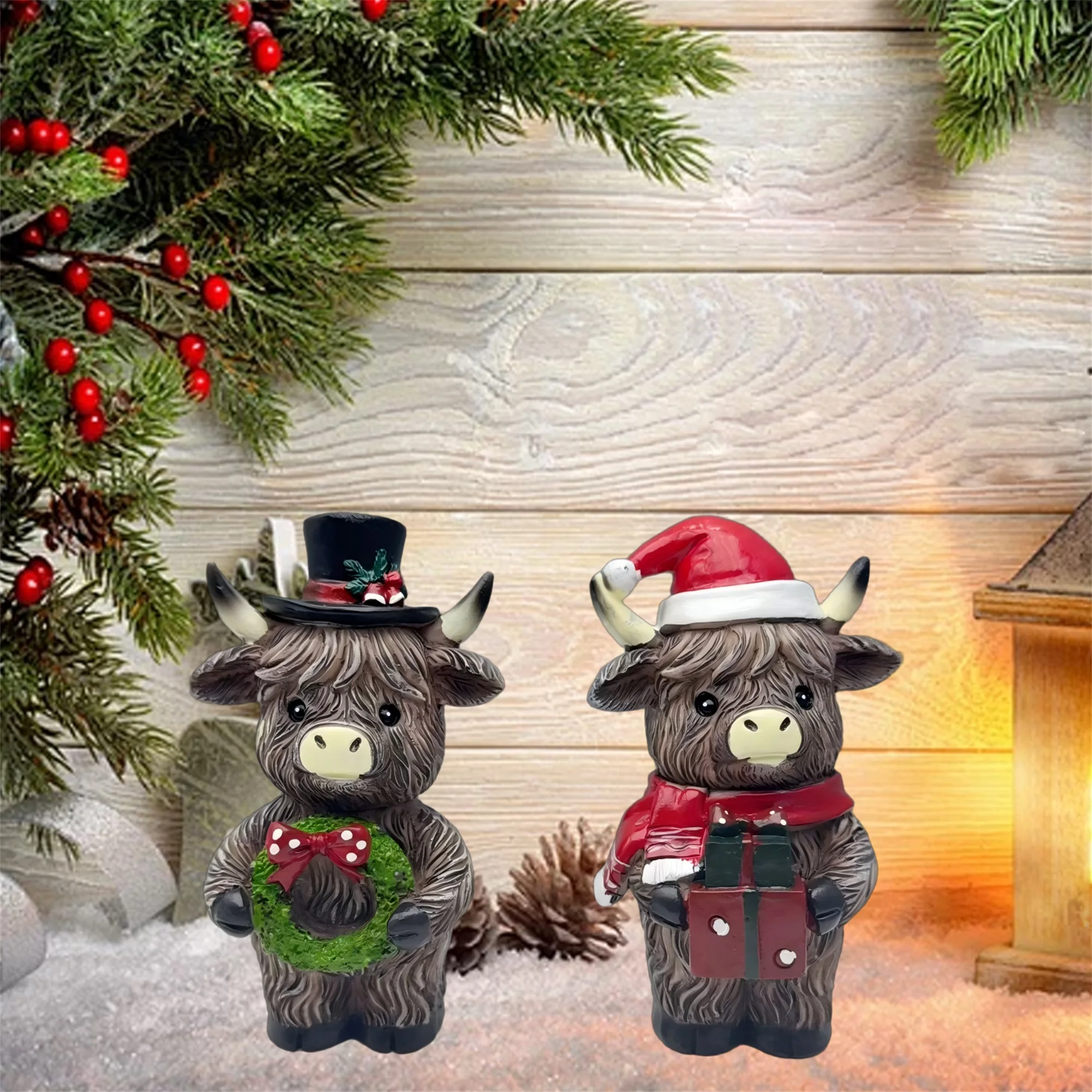 Festive Highland Cow Figurine with Santa Hat and Wreath Decoration Resin Sculpture for Home or Office Holiday Display S39e48b1dcc9b49e881f76dceac5e8dc70